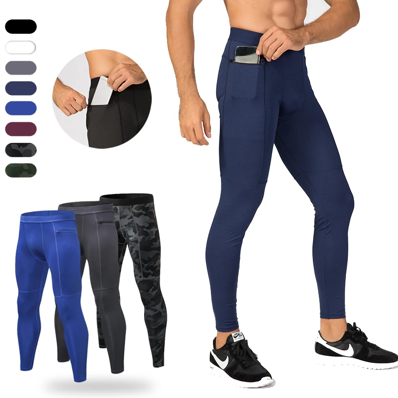 Men's Dry Fit Compression Base Layer Sport Pants Running Tights Leggings with Phone Pocket