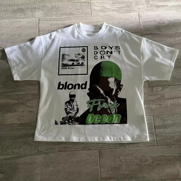 فرانك المحيط الوردي تي شيرت أبيض المرأة القطن تيز ريترو الهيب هوب قصيرة الأكمام الصيف التي شيرت Y2k بلايز الرجال الملابس الشارع الشهير