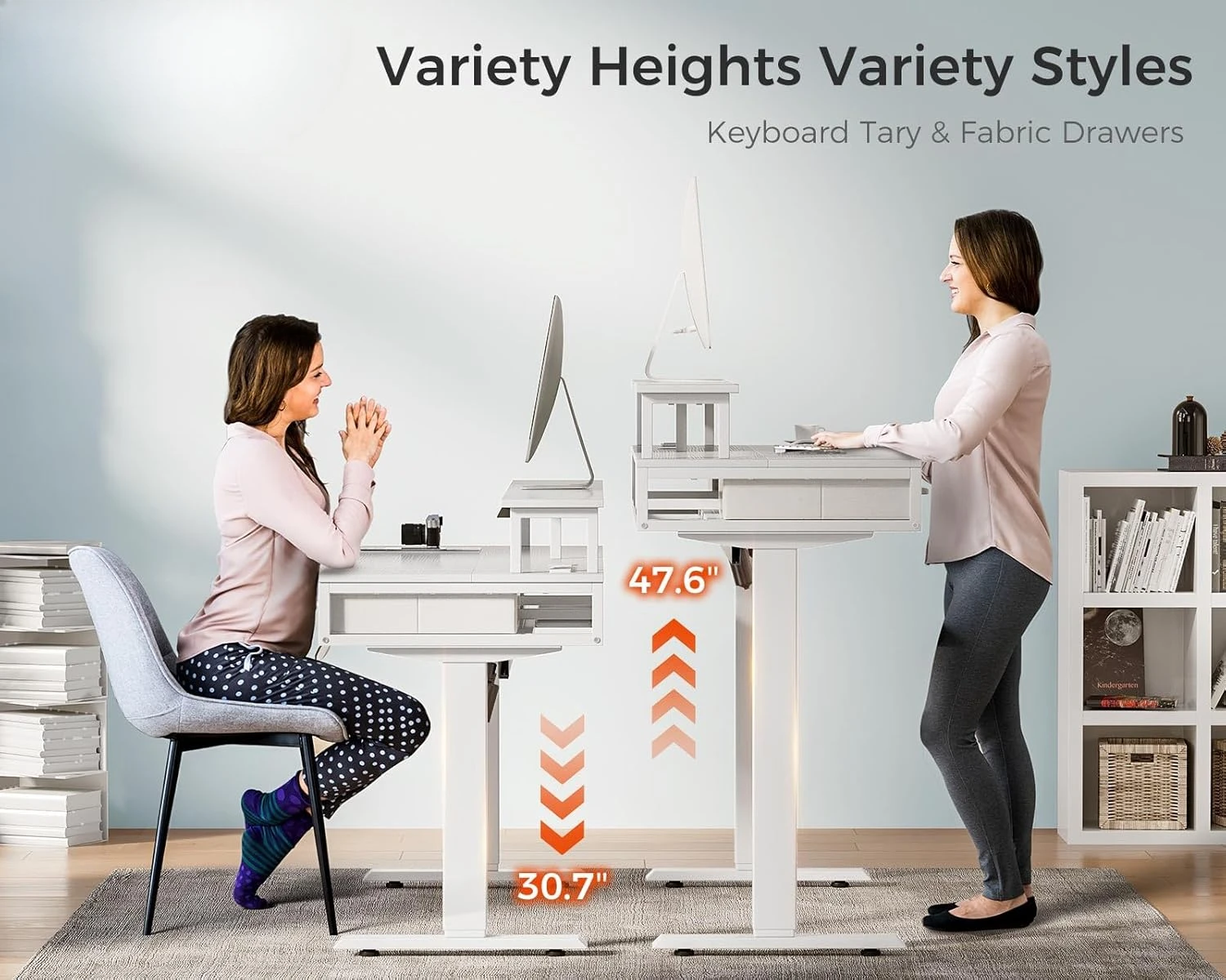 Mesa elétrica com gavetas e bandeja do teclado, mesa pequena ajustável de 47 polegadas com tomada elétrica e luzes led