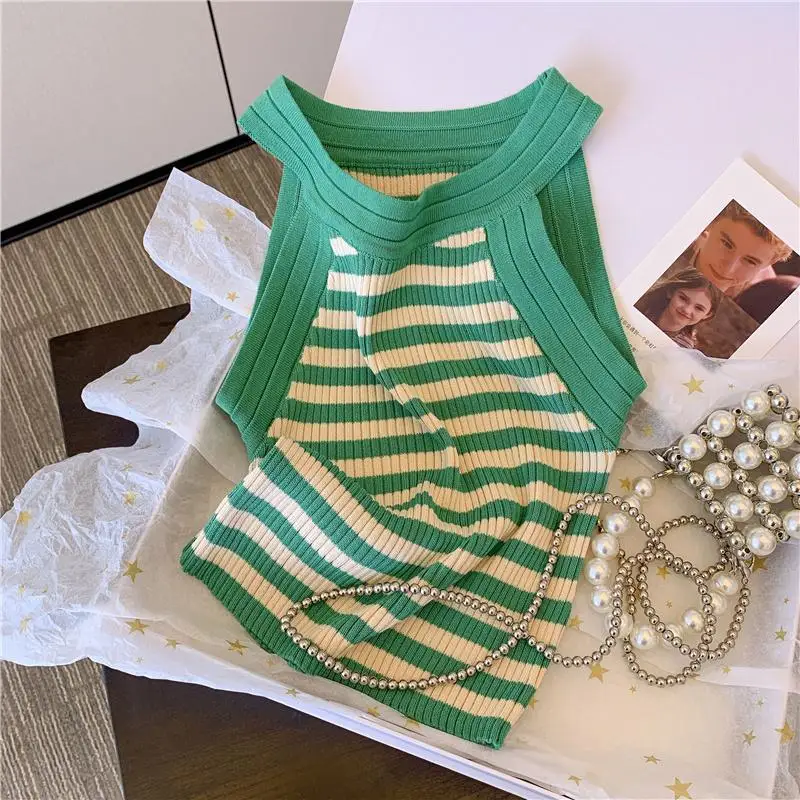 Pure Lust Vintage Striped Knit Vest Women Wear Summer Slim Base Layer Top Sweet Babes Sleeveless Top