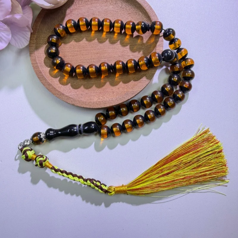 1Pc Handmade Tasbih Prayer Beads, Amber Brown Muslim Rosary with Olive Yellow Tassel, Handheld Religious Decor