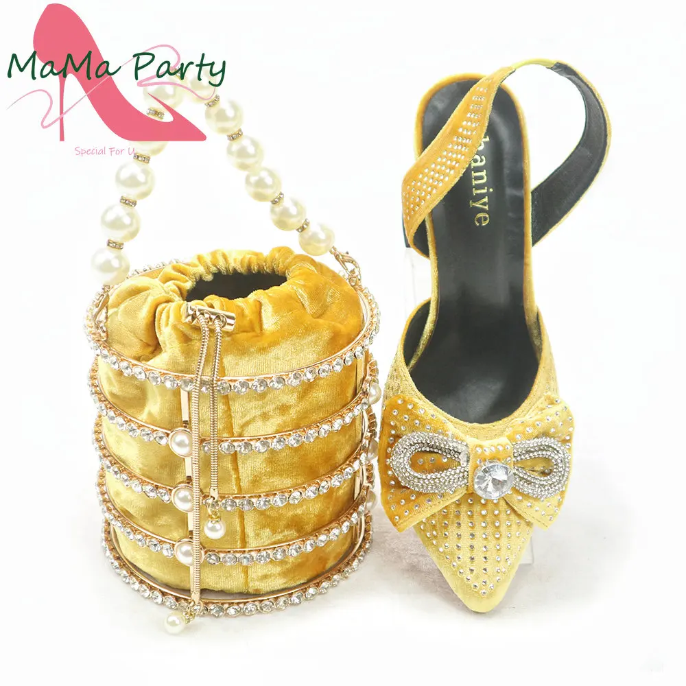 Golden Color Special Design Italian Ladies Shoes and Bag Set Fashionable Pumps with Shinning Crystal for Party