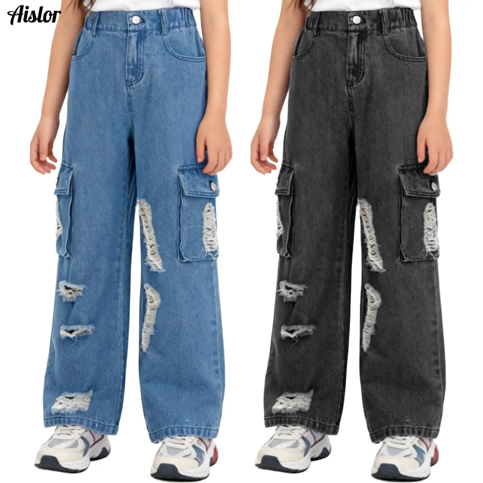 

Детские винтажные джинсы с эффектом потертости и карманами, модные джинсы Y2K для девочек, уличные джинсовые брюки, свободные джинсы-карго для подростков, рваные брюки