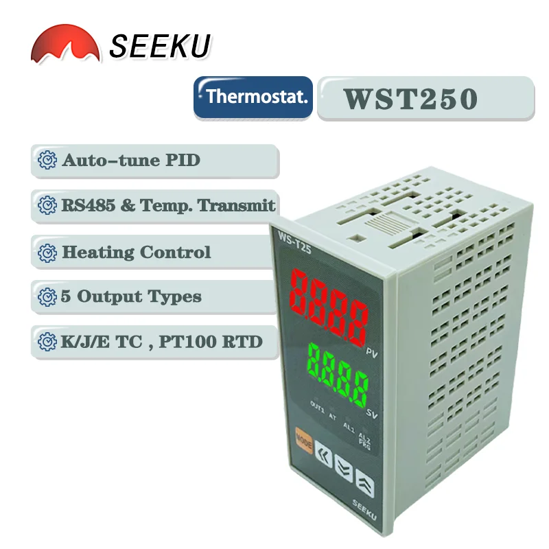 SEEKU T250 RS485 PID 32 Seg Program W48 X H96mm Digital Disp Thermostat Relay SSR 0-10V 4-20mA Output Modbus AC/DC 24V AC 220V