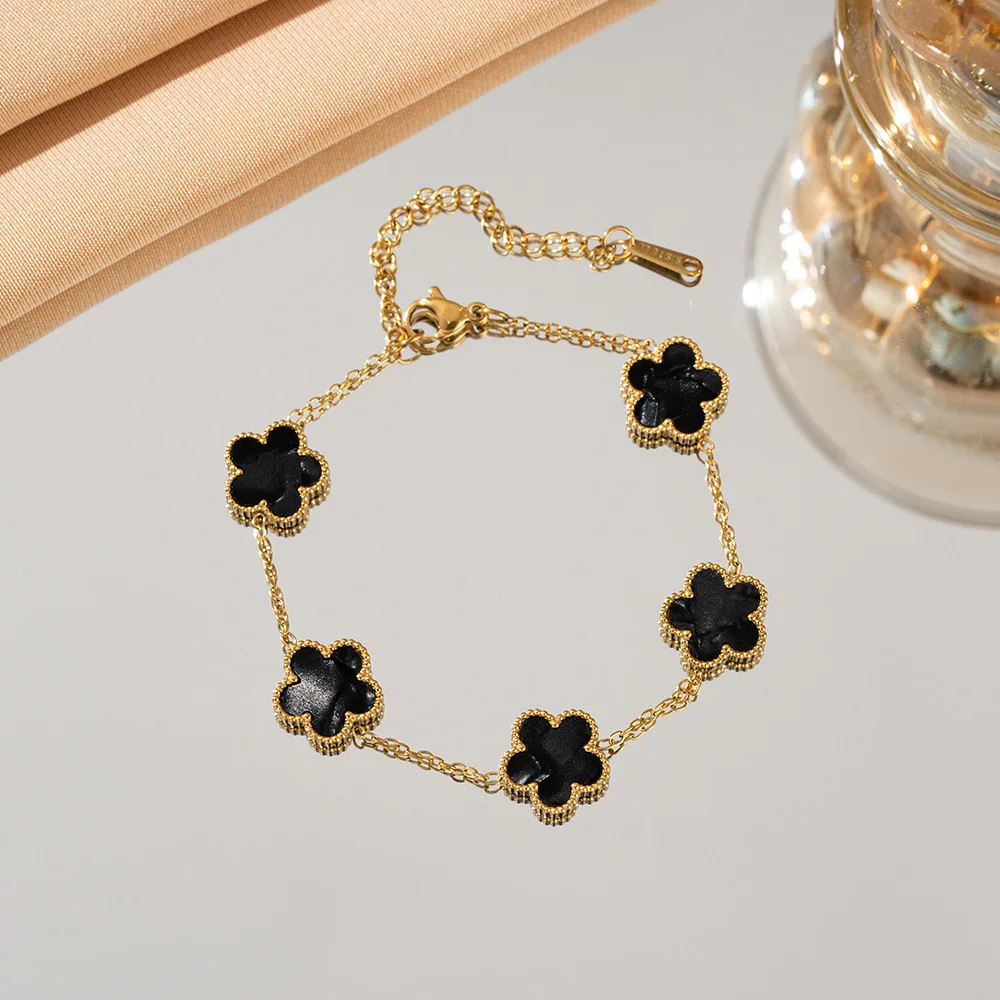 Pulsera de Flor de Cinco Pétalos de Doble Cara para Mujer, Ajustable, Chapada en Oro de 18k, Acero Inoxidable, Trébol de Cinco Puntas, Joyería para Fiesta