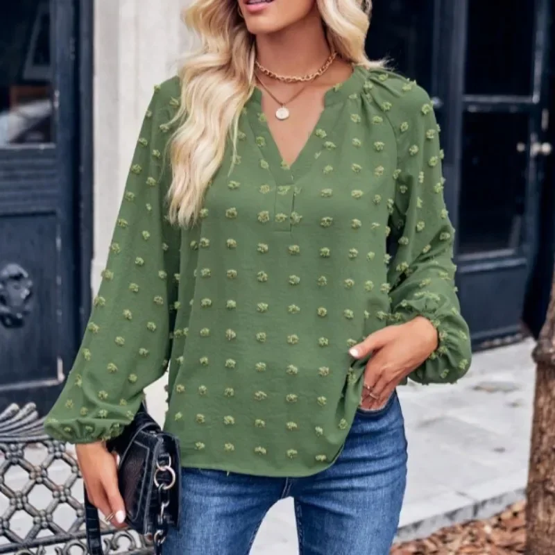 

2024 Autumn Spring Blouse Fashion Women's Casual Tops Commuter Clothing Long Sleeve Shirt V-neck Loose Top Women's New 30337