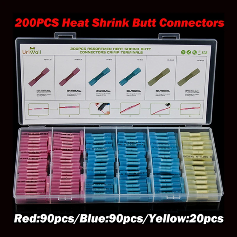 200pcs Heat Shrink Connectors Waterproof Solder Insulated Butt Wire Connectors Crimp Terminals Sleeve Insulator Electrical Cable