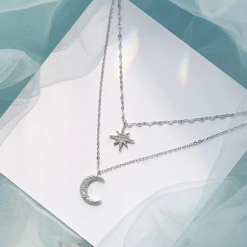 New 925 Sterling Silver Double Layer Star Moon Necklace Simple Charm Pendant Choker Birthday Gift Women's Fine Jewelry