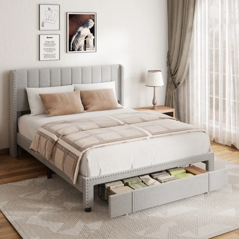 Full Size Adjustable Velvet Upholstered Platform Bed Frame with Tall Headboard Wingback Modern Style