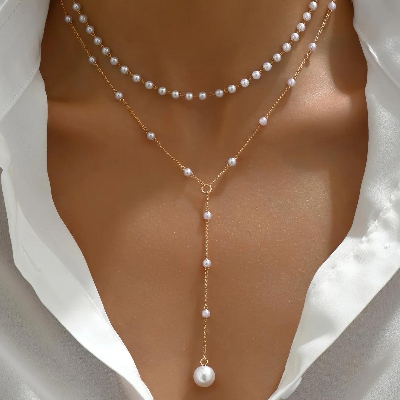 

Korean Imitation Pearl Double Layered Choker Fashion Big Ball Bead Pendant Tassel Necklace Women's Sexy Front Chest Body Jewelry