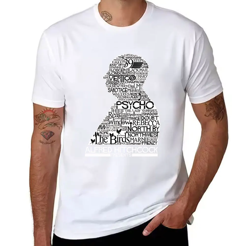 Men's Cotton Short Sleeve T-Shirt, Alfred Hitchcock Themed Word Art Print, Movie Lover Graphic Tee for Casual Wear