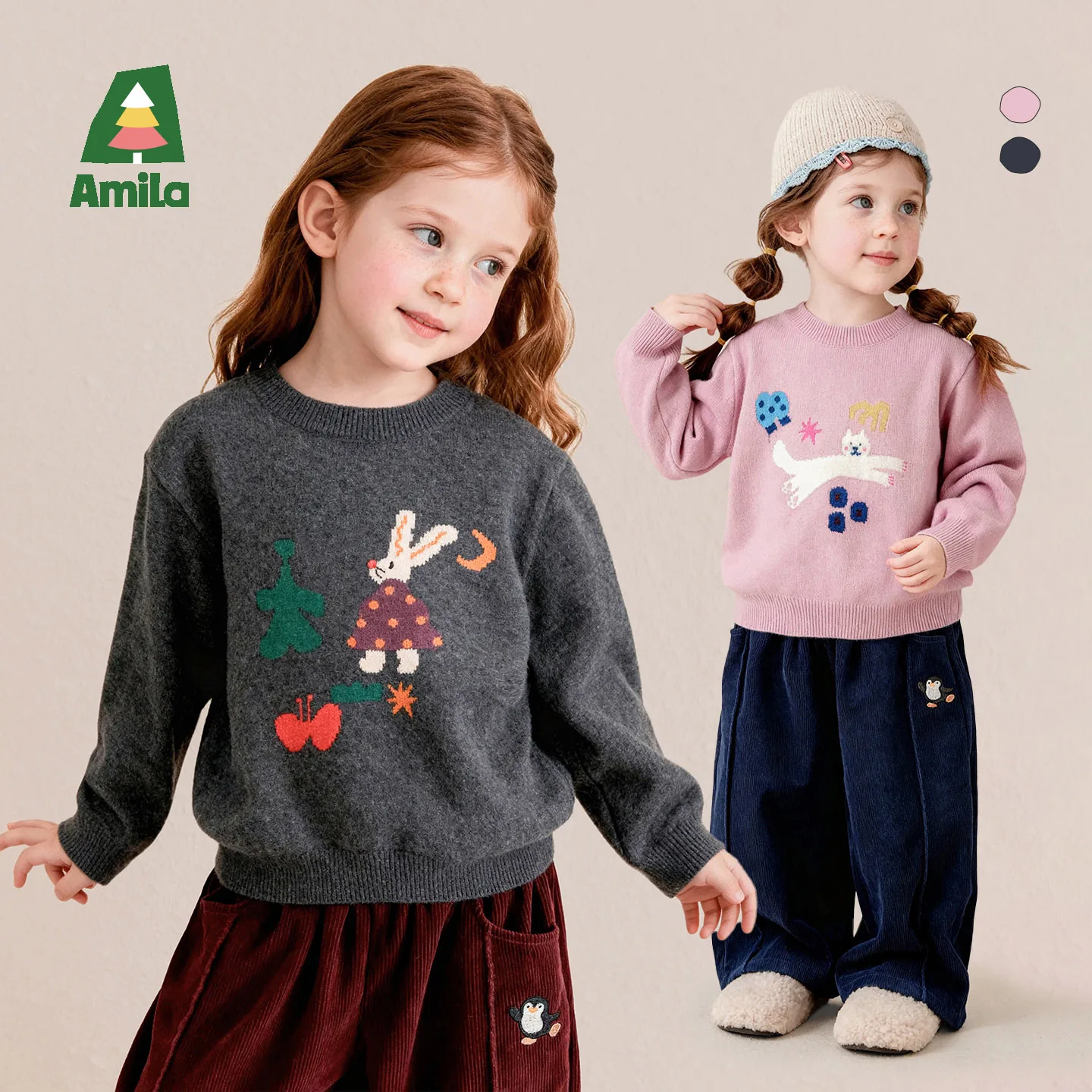 Amila 2026 Autumn New Kids Cartoon Animal Knit Top Cute Moonlit Night Rabbit Healing Playful Soft Cozy Daily Knitted Top