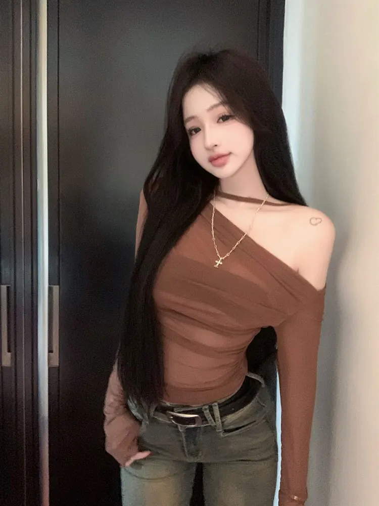 Sexy Sweet Cool Girl Long Sleeve Mesh Two Piece Set Shoulder Bared Slimming with Chest Pad Nylon Fabric Breathable Comfortable