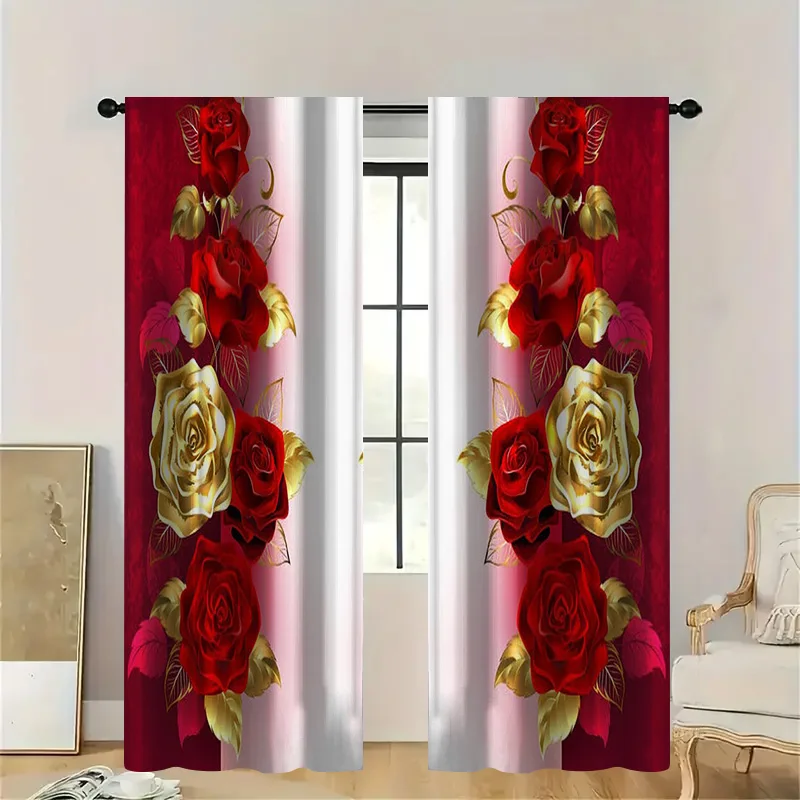2pcs Luxury Red Rose Curtains with Rod Pocket, Gold Accent Sheer Light Filtering, Opulent Home Decor for Living Room and Bedroom