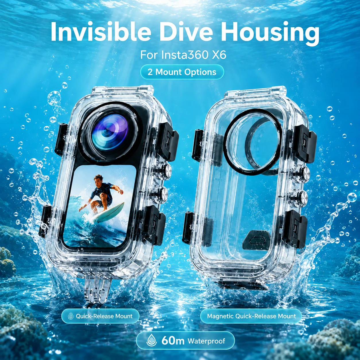 60M Wasserdichtes Gehäuse für Insta360 X6 Tauchgehäuse Anti-Beschlag-Sicherheitsverschluss Klare Linse Action-Kamera Schutzabdeckung Zubehör