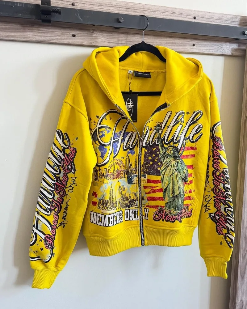 2025 European and American retro fashion men printed zipper hoodie Harajuku Goth streetwear coat couple oversized sweatshirt