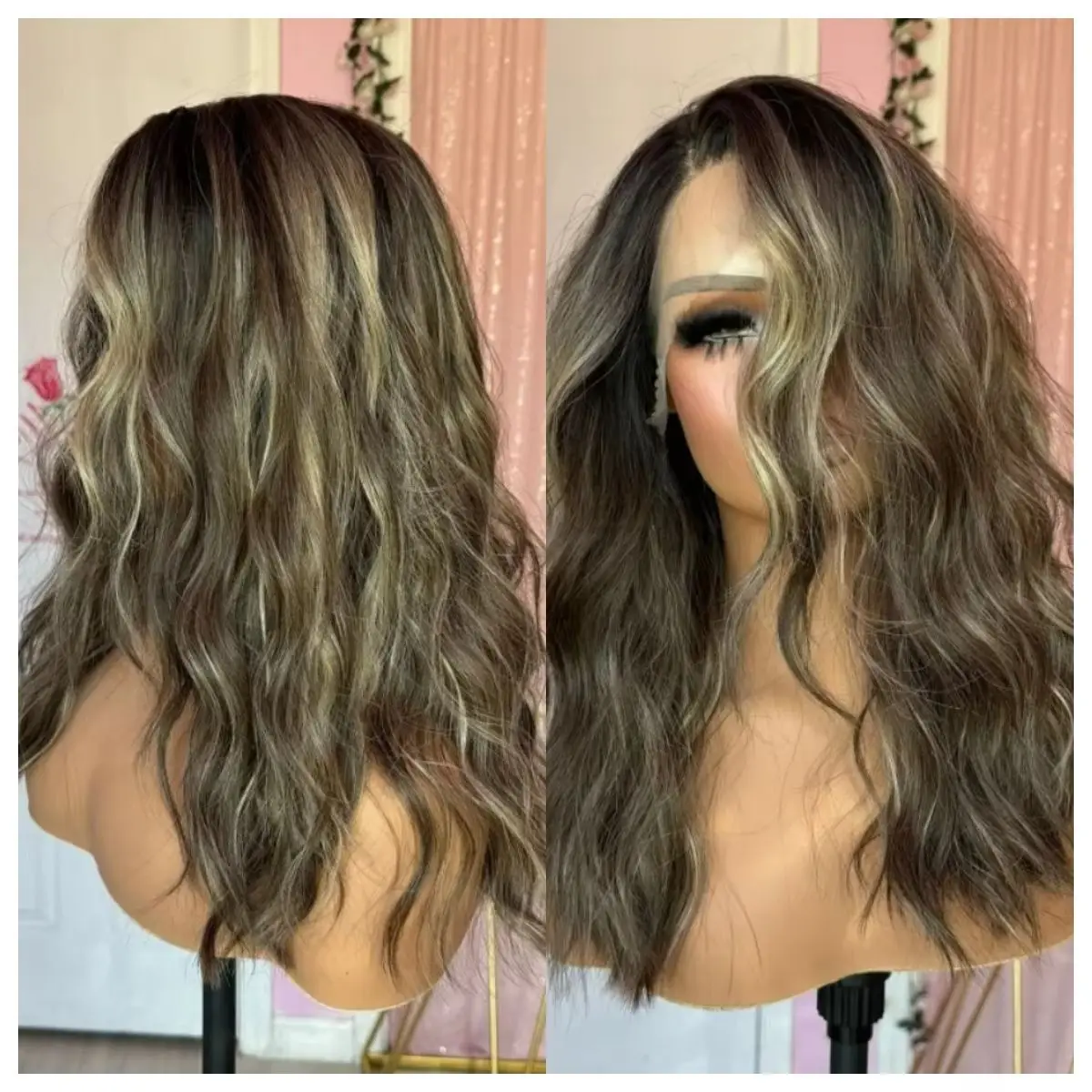 

Heat Resistant Synthetic Wig Ash Brown Long Body Wave Wigs for Women Blonde Streaks Lace Front Wig Daily Party Wig Middle Part