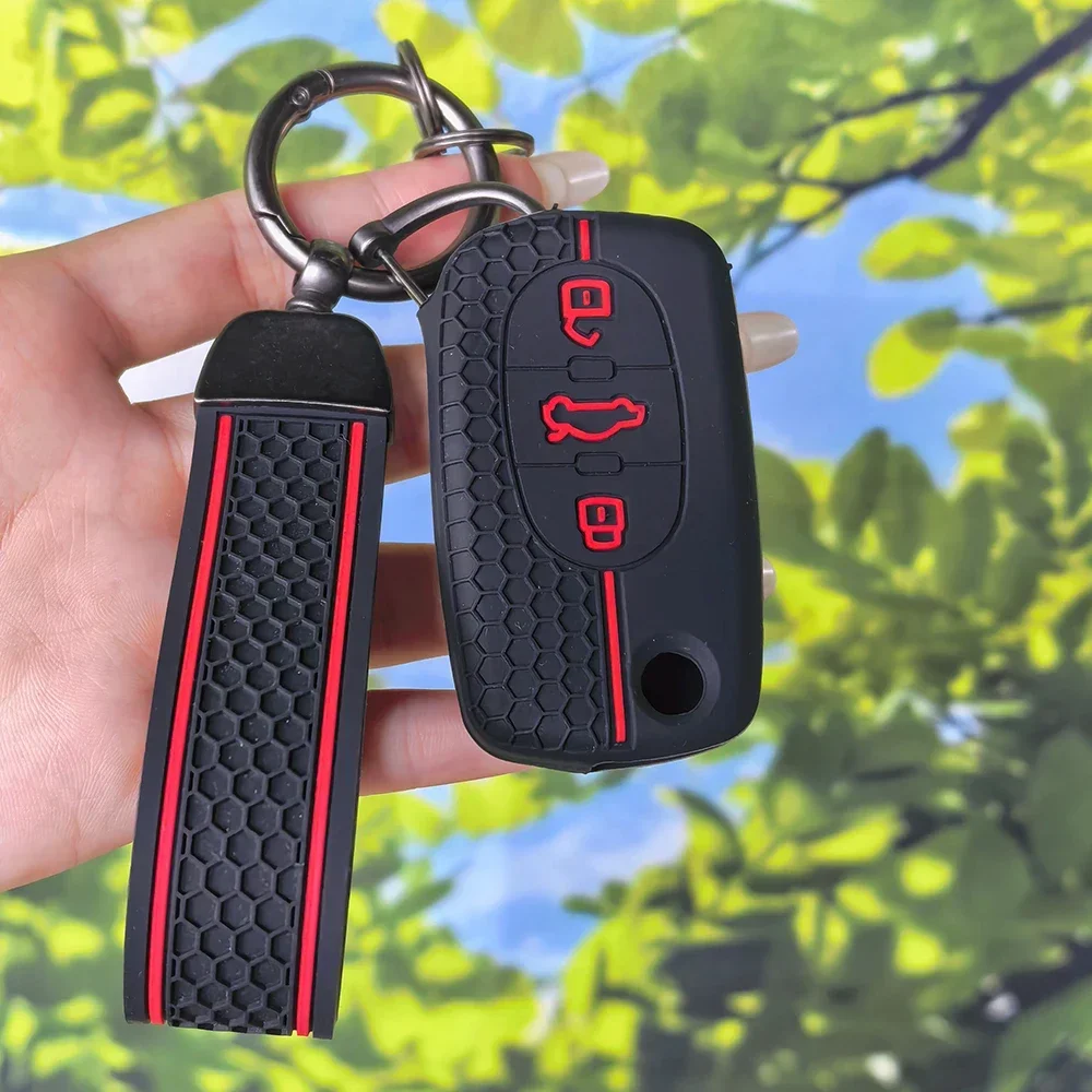 Embossed‑Button Car Key Cover with Keychain for Audi A1 B6 A6 C5 A4 B5 TT 8N A2 A3, Honeycomb‑Grip Folding Remote Shell