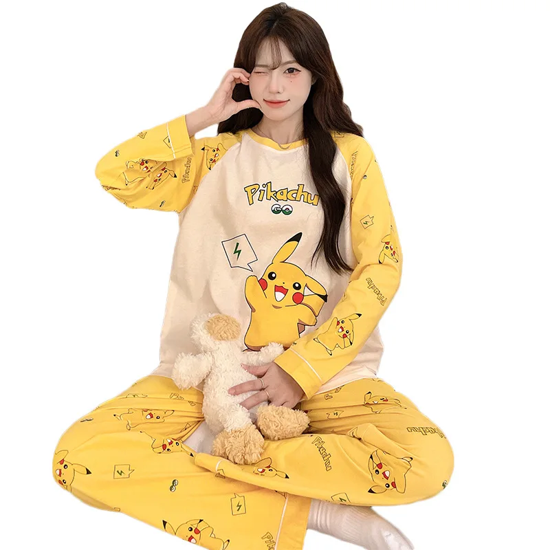 Pokémon Pikachu nuovo cotone girocollo pullover pigiama da donna primavera e autunno cartone animato sciolto set loungewear a maniche lunghe