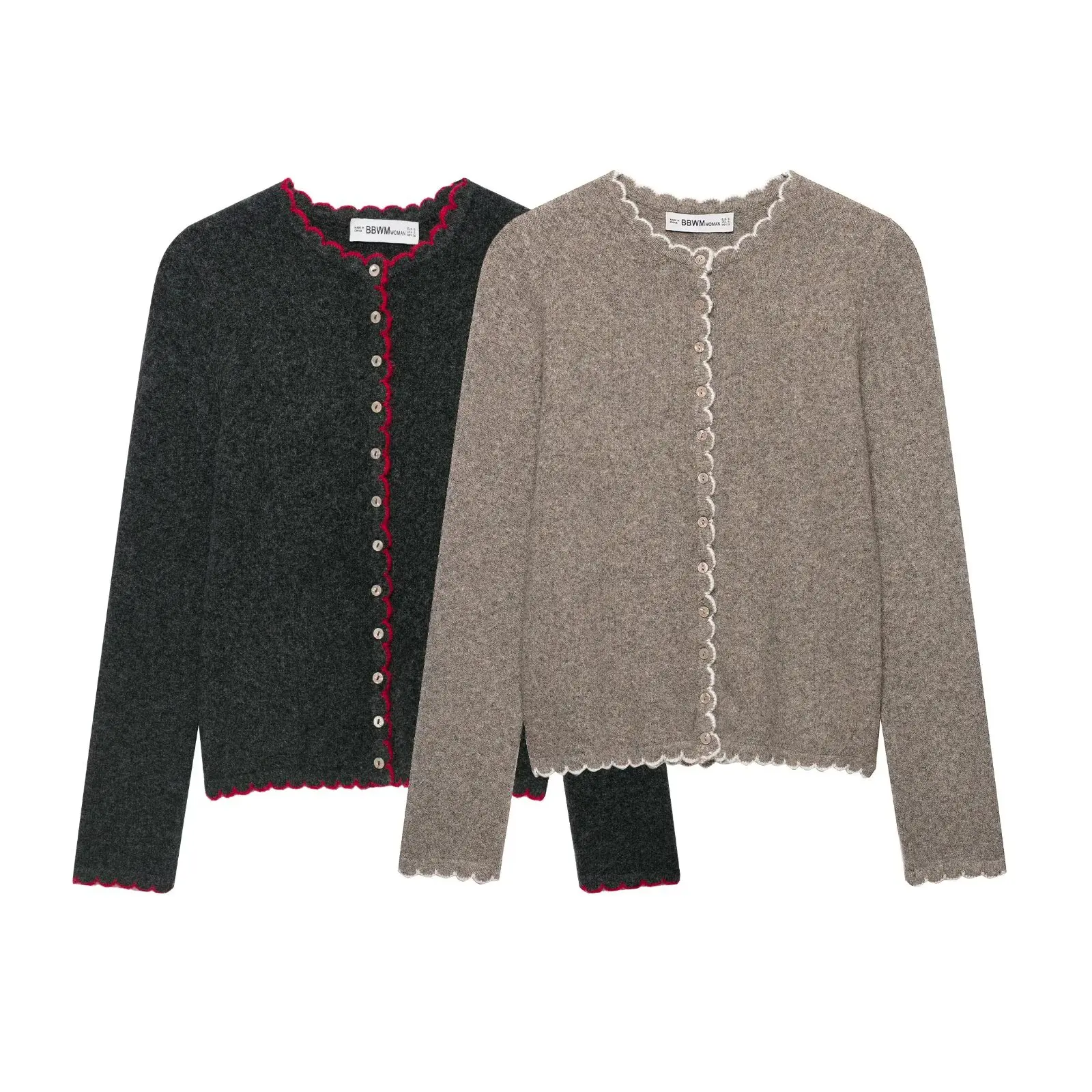 Fall New Women's Long Sleeve round Neck Multi-Button Color Block Knitted Jacket Polyester Fiber Open Cardigan
