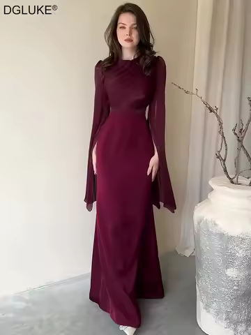 DGLUKE O-Neck Long Sleeve Maxi Dress Women Pleated High Waist Long Satin Dress Elegant Organza Evening Dress