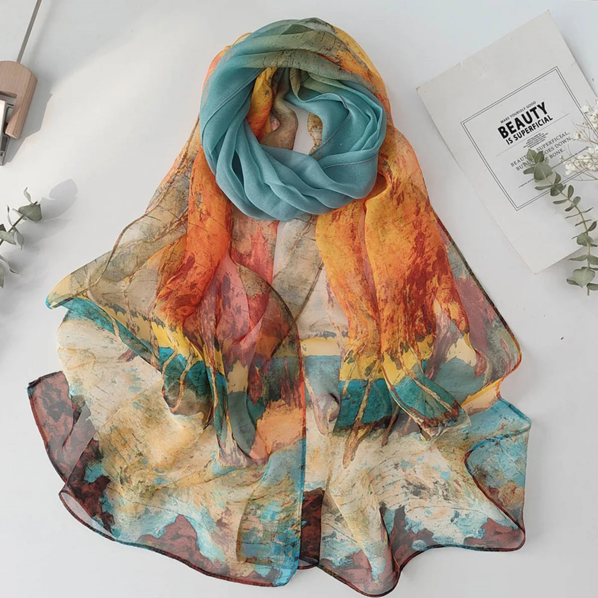 Birch Forest Print Cherry blossoms Women Elegant Chiffon Georgette Bandana Scarf Summer Beach Sunscreen Thin Shawl