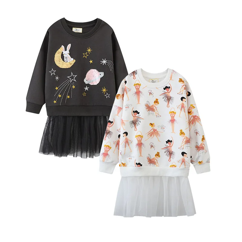 Jumping Meters 2-7T Moon Space Children's Girls Dresses Long Sleeve Sweatshirt Dresses Baby Clothes Princess Girls Frock Costume