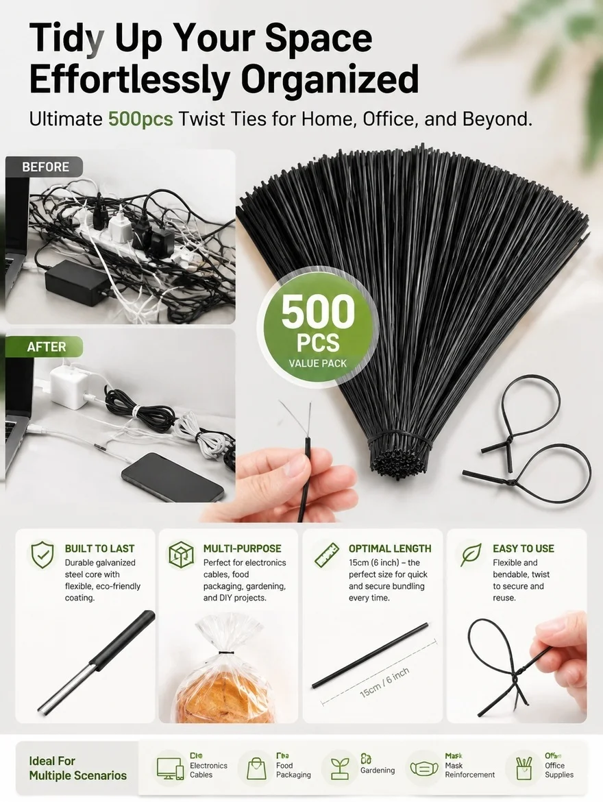 500Pcs 6 Inch Cord Ties Cable Organizer Ties for Printer TV Phone Cables Gardening Food Packaging Mask Reinforcement Wire