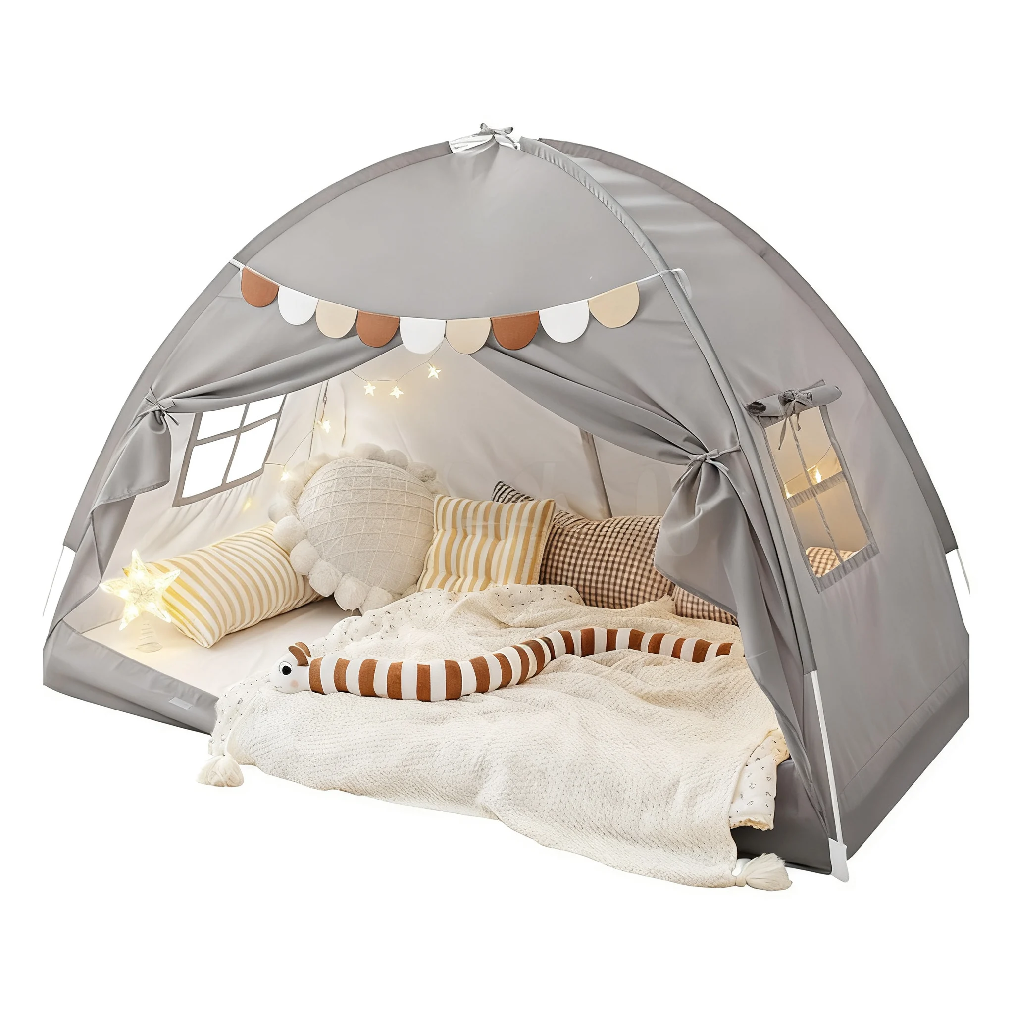COSTWAY Kids Bed Tent, Children Play Tents with Flags, Windows, Indoor Toddler Bed Canopy Playhouse for Boys Girls (Beige)