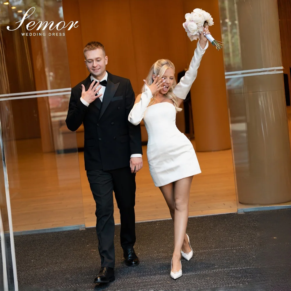 Semor Simple Strapless Wedding Dresses Short reception dress Stain With Detachable Sleeve Off White Vestido De Novia Customized