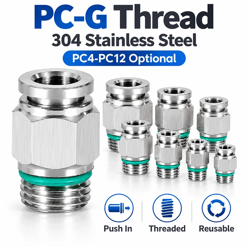 Stainless Steel PC-G Push-In Pneumatic Fittings Straight Male G Thread Air Tube Connectors 4-12mm for Compressor Air Systems Use
