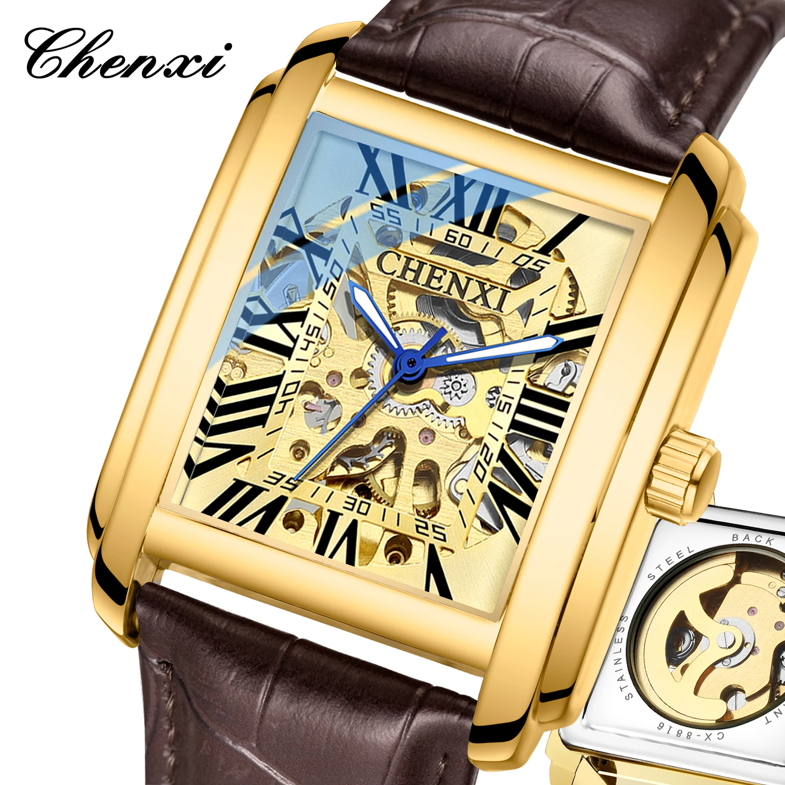 CHENXI Luxuriöse Quadratische Automatische Mechanische Uhr für Herren Gold Hohles Skelett-Zifferblatt Braunes Lederarmband Vintage Business-Armbanduhr