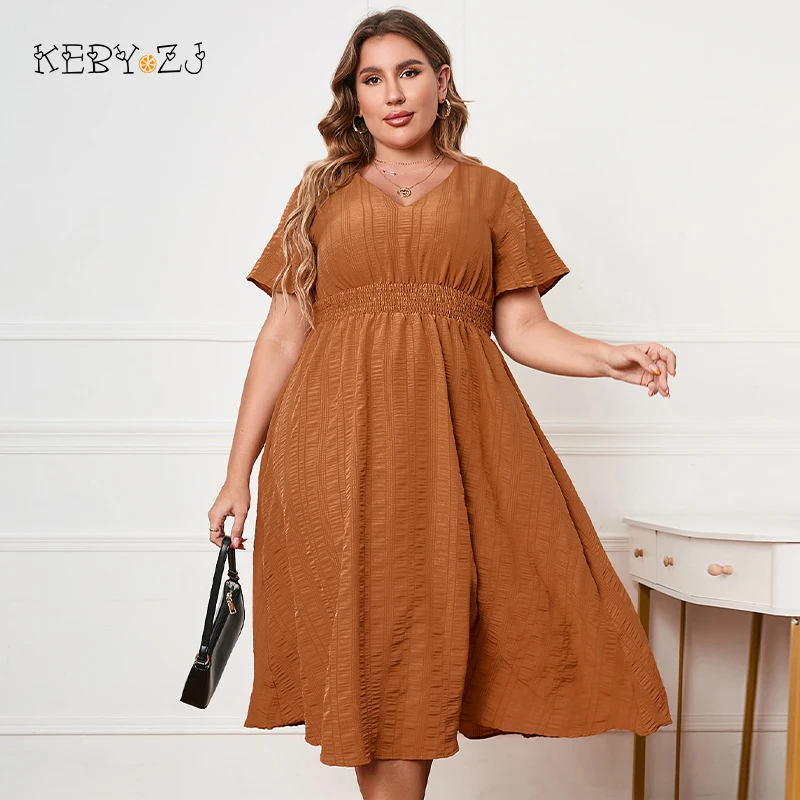 

KEBY ZJ Plus Size Solid V Neck Shirred Waist Women Long Dress 2022 Summer Short Sleeve Ladies Elegant A-Line Dresses XXXL 4XL