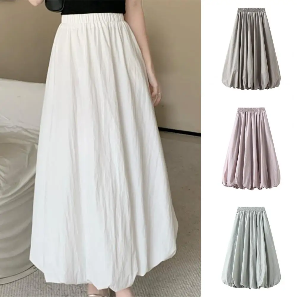 

Lantern Skirt Elastic High Waist Bubble Maxi Skirt with Ankle-length Lantern Design Solid Color A-line Streetwear for Spring