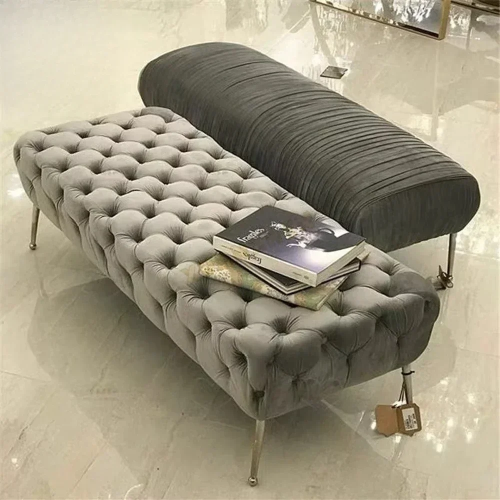 A Furniture Factory Modern Bench Tufted Button Grey Velvet Metal Legs Bench