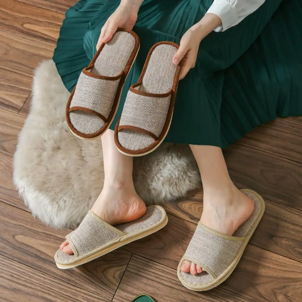 Linen Indoor Slippers Breathable Solid Color House Slippers Non Slip Home Floor Slippers for Men Women Hotel Guest Couples