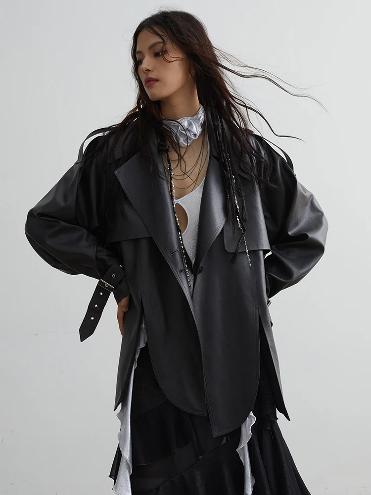 [EAM] PU Leather Black Slit Big Size Casual Jacket New Lapel Long Sleeve Women Coat Fashion Tide Spring Autumn 2024 1DH7523