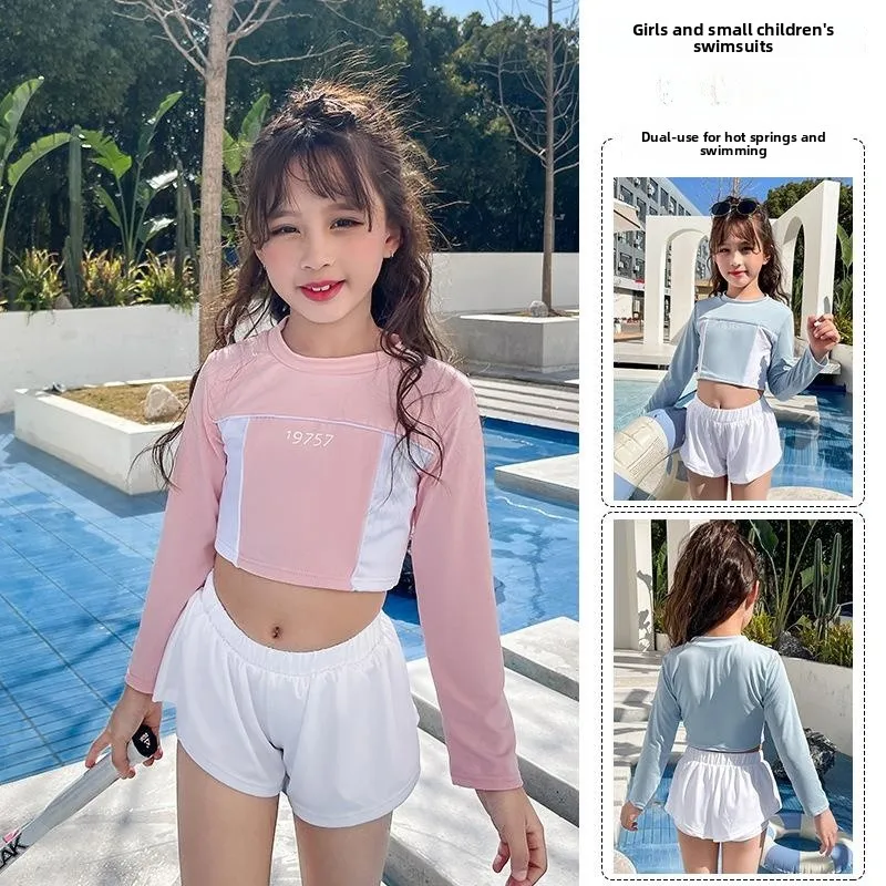 

Детский купальник из двух частей с длинными рукавами, термокостюм для плавания с защитой от ультрафиолета, купальный костюм для девочек, детская спортивная одежда для йоги...