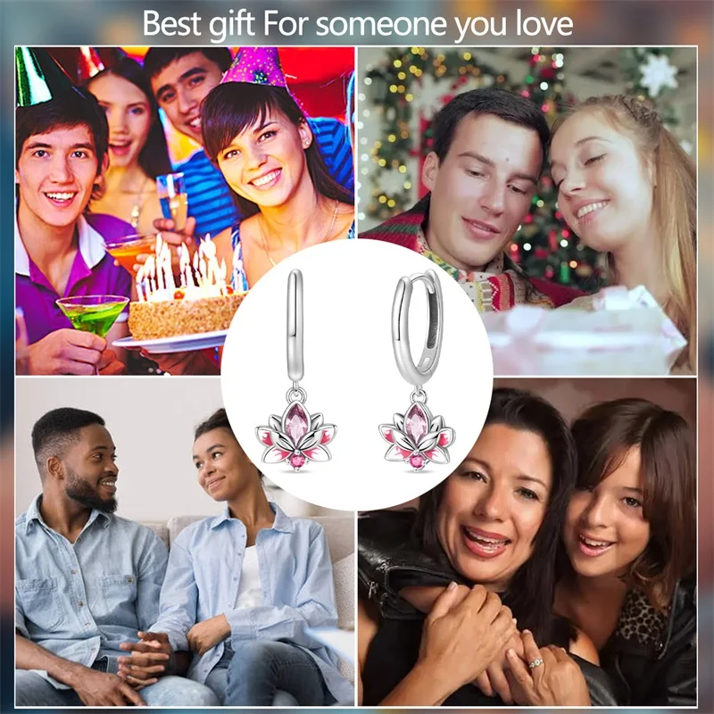 Hot Sales 925 Sterling Silver Pink Lotus Pendant Hoop Earrings For Women Fine Birthday Anniversary Jewelry Gifts view 6