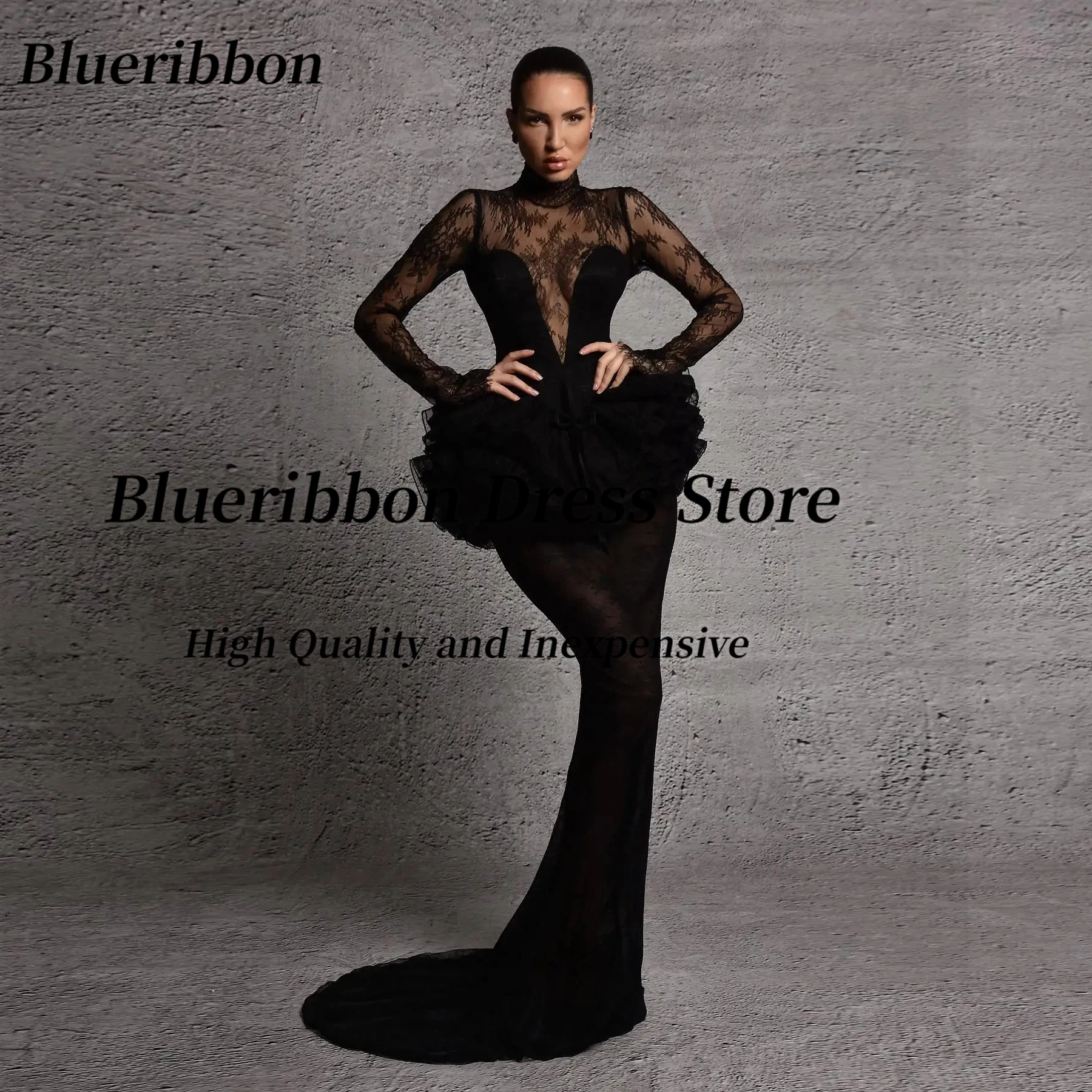 

Blueribbon Черные платья для выпускного вечера с высоким воротником и длинными рукавами Вечернее платье Sexy Vestidos Des Fiesta Вечерние платья на молнии сзади по индивидуальному заказу