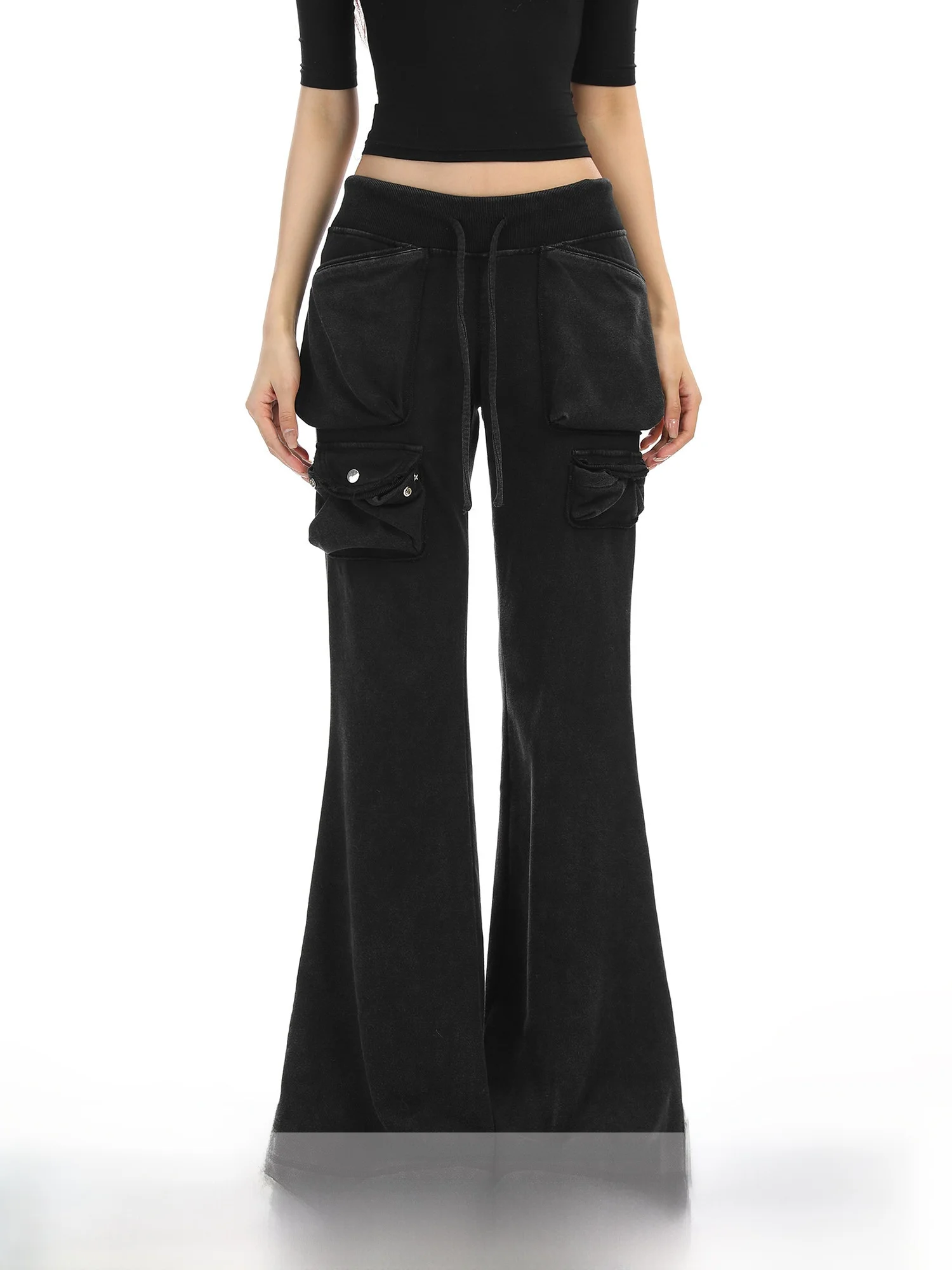 

Ретро-спортивные брюки-клеш из плотной ткани с эффектом потертости и множеством карманов, женские модные прямые повседневные брюки в пол