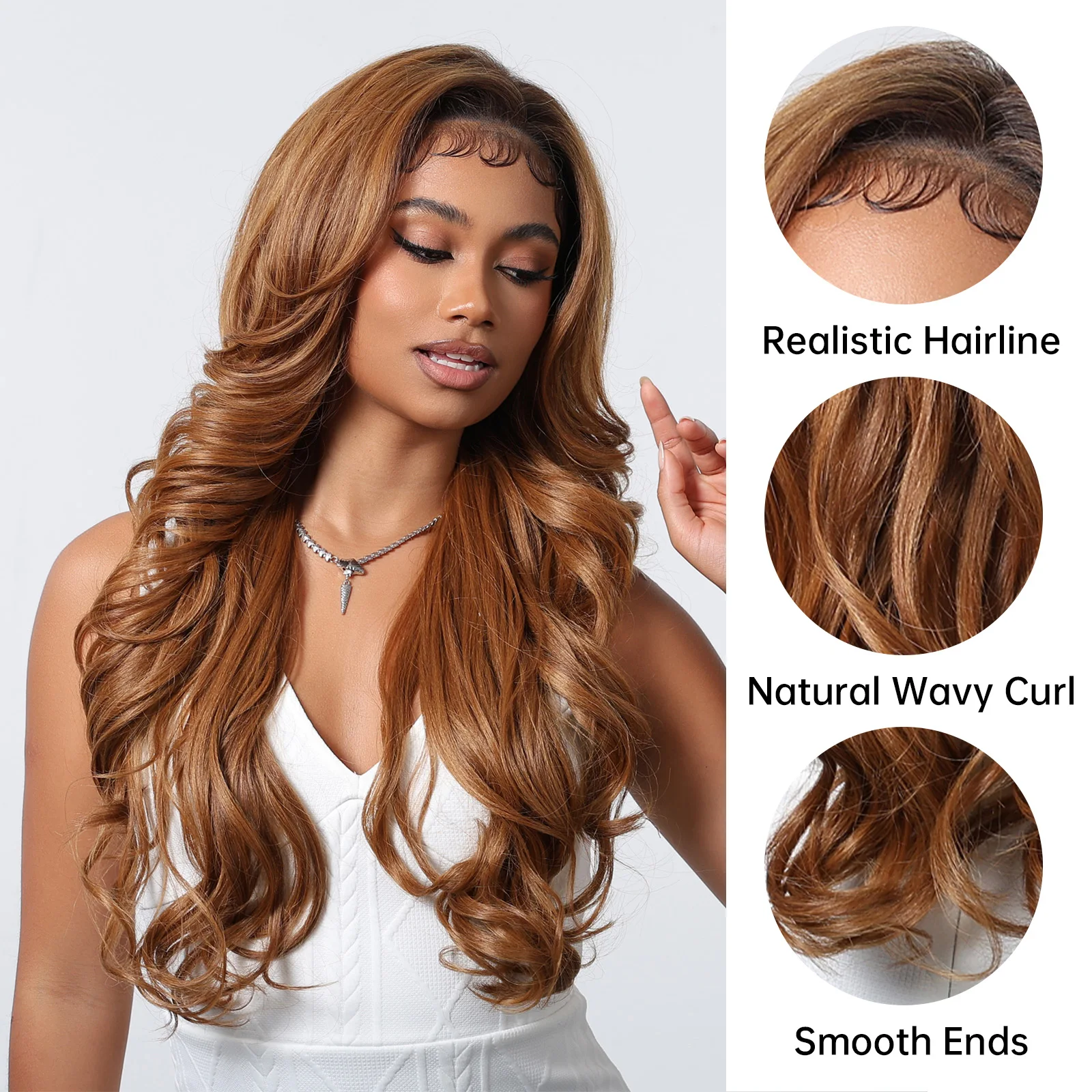 13*6 Swiss Lace Frontal Synthetic Wigs Preplucked Long Golden Brown Body Wave Afro Wigs Dark Root Wigs for Black Women Brazilian