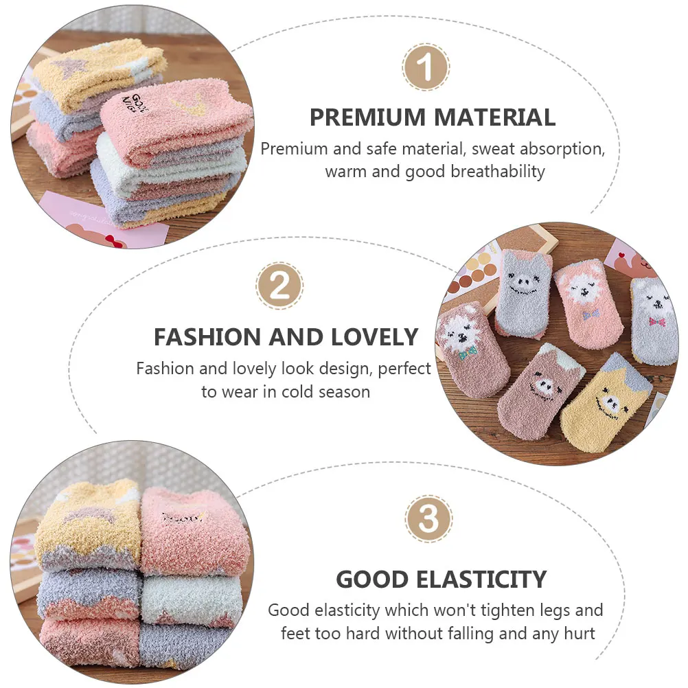 

3 Pairs Coral Fleece Socks for Women Thermal Warm Floor Household Sleep Spandex 5% Women's Girl