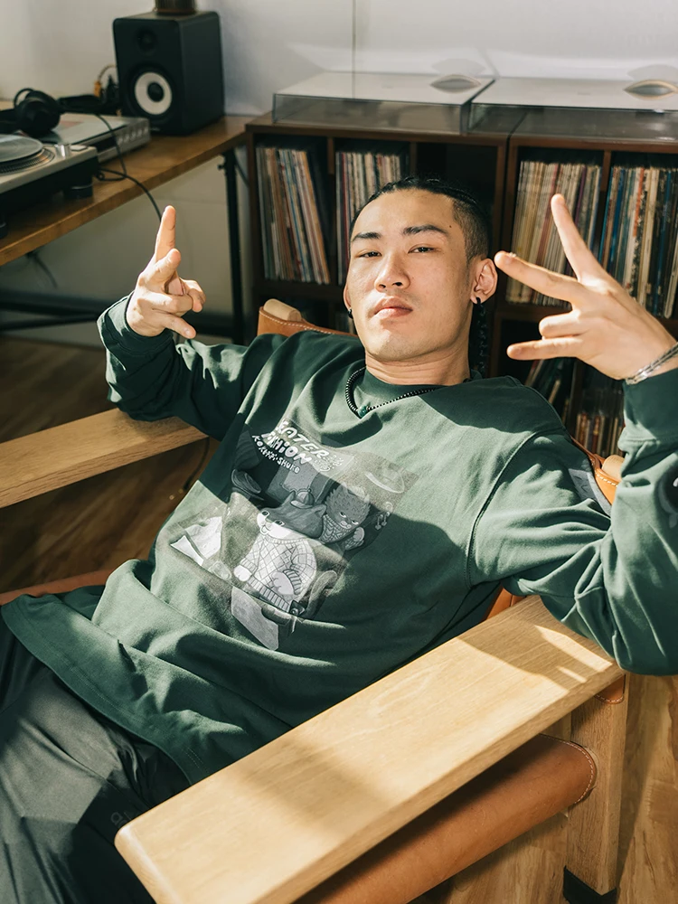 Long Sleeve DJ T-Shirt Street Style Green Vinyl Record Print Double Headed Swallow DHS Collaboration Unisex Cotton Crew Neck