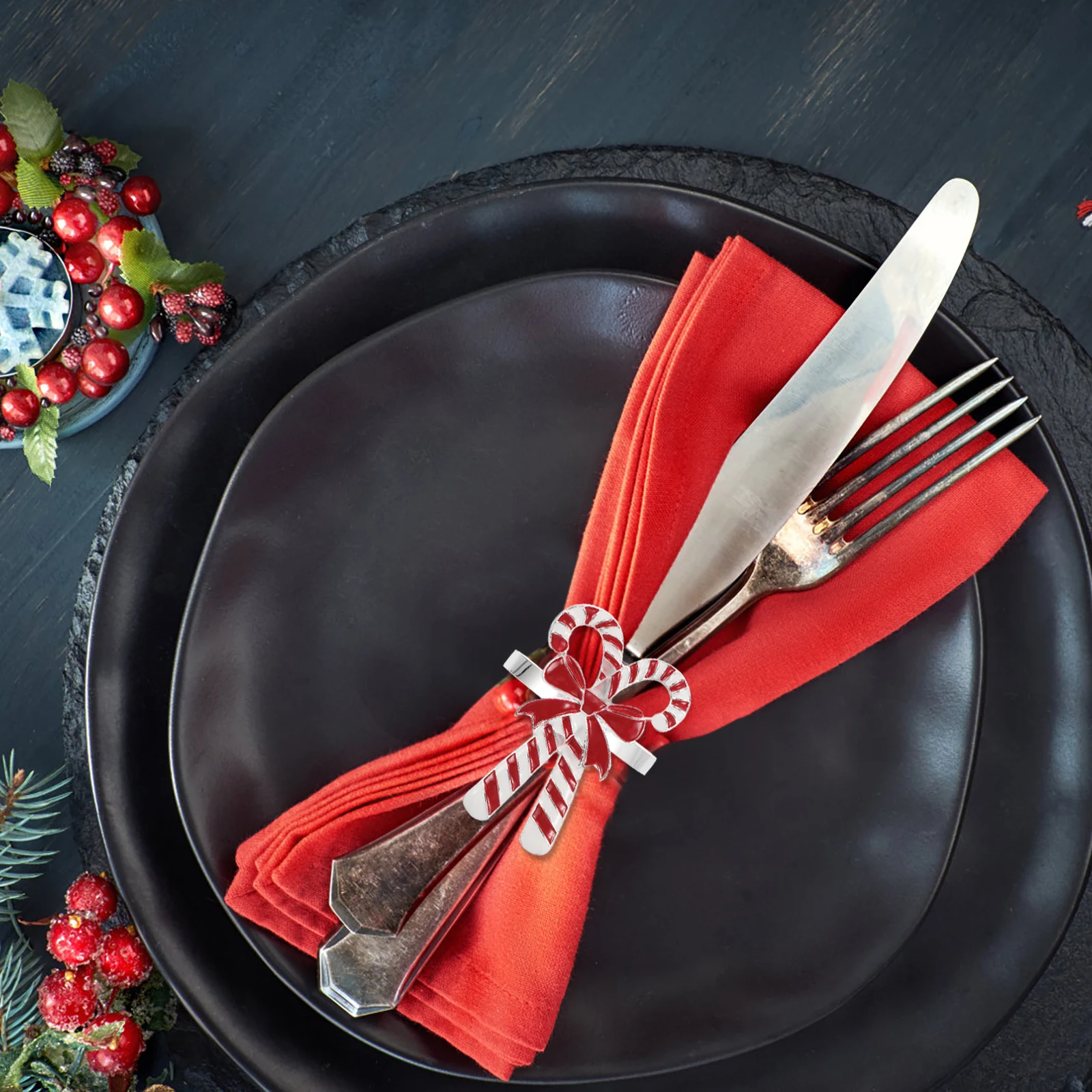 

4Pcs Napkin Creative Colorful Candy Cane Bow Metal Christmas Holiday Party Napkin Holders Festive Table Decoration