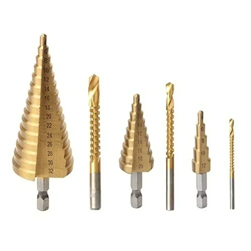 6 PCS/set  Coated Drill Bit Set Including 3 Sizes of Step Drill Bits Twist Drill Bits  Metalworking Woodworking