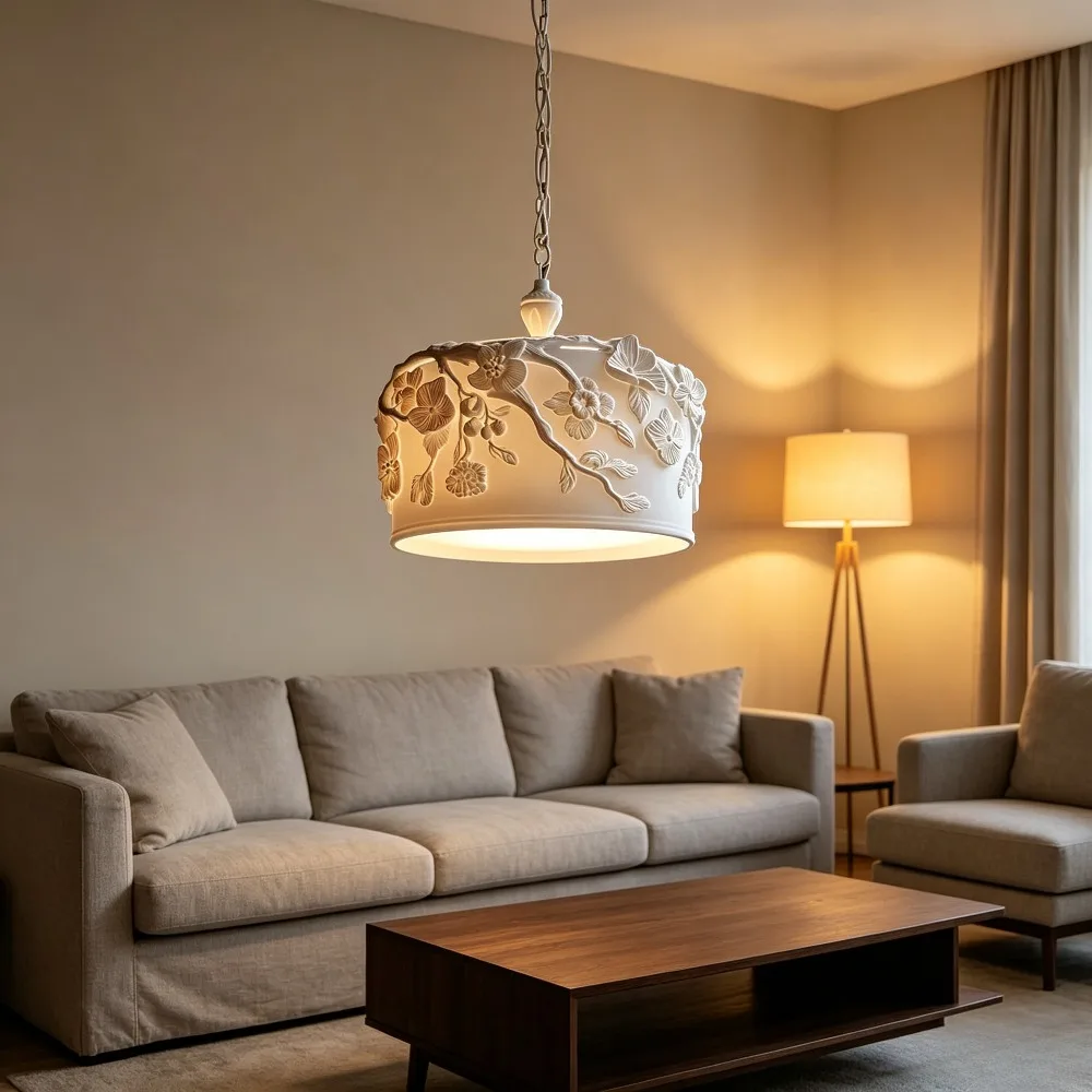 French Carved Pendant Lights Corridor Restaurant Kitchen Island Bedroom Bedside Hanging Lamps White Fiberglass Resin Chandelier