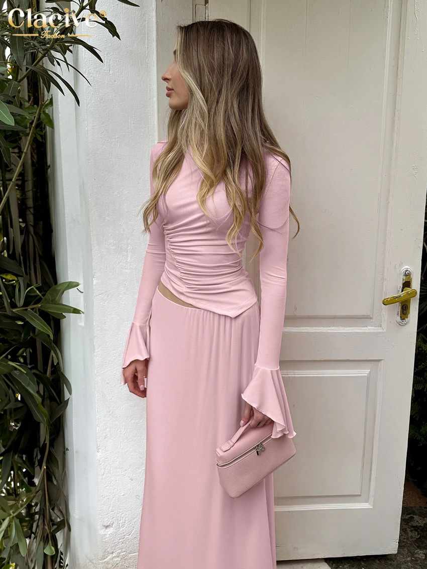 Clacive mode mince rose tricoté femmes deux pièces ensemble 2025 élégant chemise à manches longues avec taille haute Maxi jupe ensemble femme