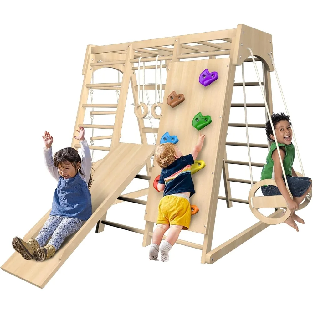 

8-in-1 Indoor Jungle Gym, Toddler Indoor Playground Climbing Toys, Wooden Climbing Playset for Kids, Climbing Wall, Monkey Bar