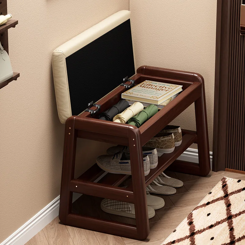 Age-Friendly Solid Wood Shoe Bench with Cushion and 2 Tier Storage for Entryway, Hallway and Living Room